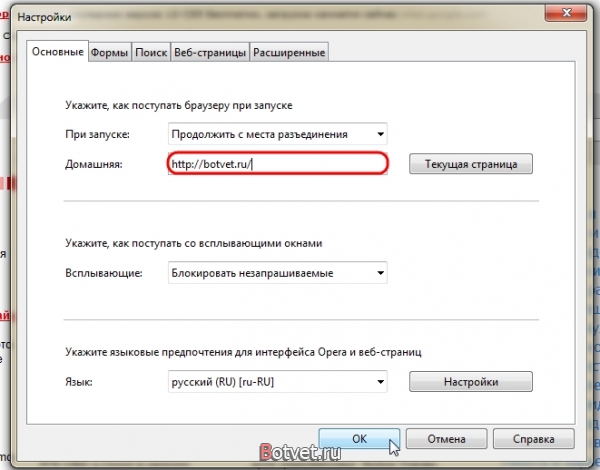Как установить домашнюю страницу в опере?